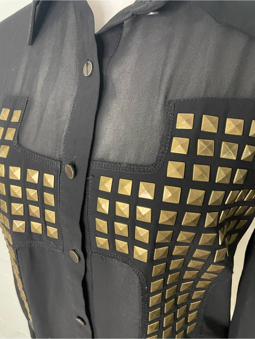 Black Sheer Button-Down Shirt with Gold Stud Panels - Picture 2 of 4